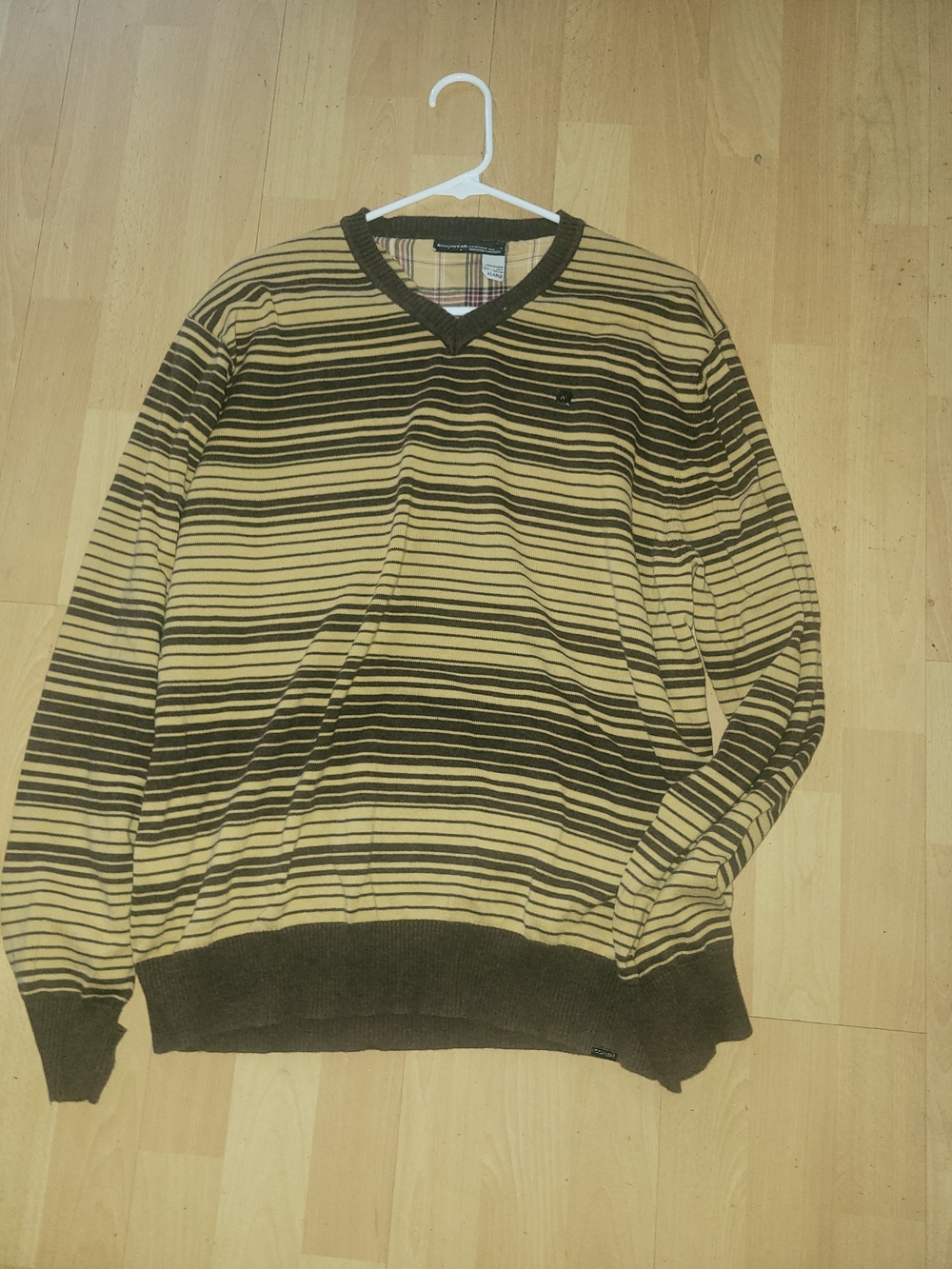 Rocawear XL Brown Tan Striped V-Neck Knit Sweater Y2K Hip Hop Cotton